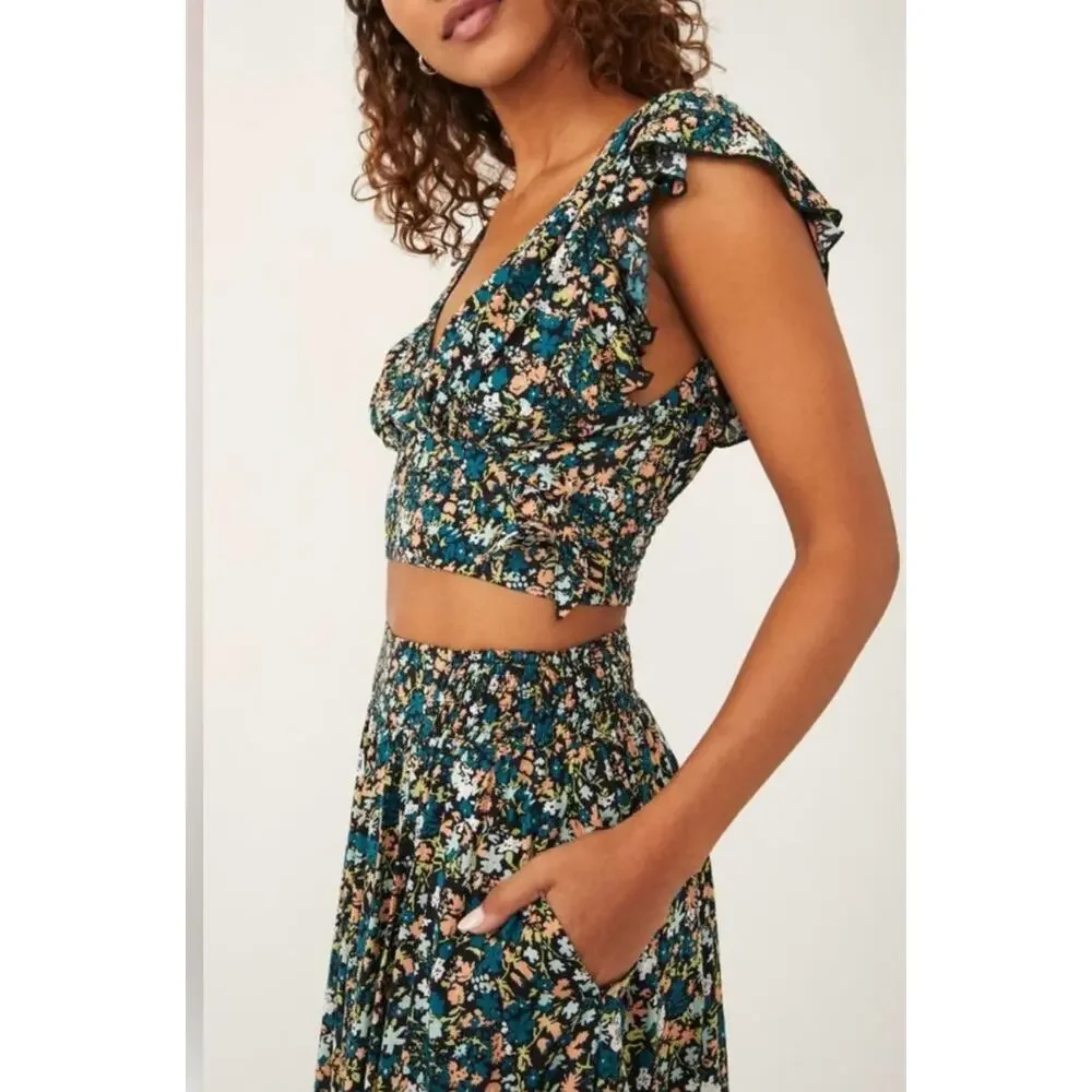 New Free People Pretty Dayz Midi Skirt Set $128 X-SMALL Blue Boho Floral Smocked